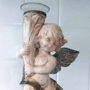Vintage Mid-Century Italian Plaster/Chalkware Gilded Angel Candleholder Statue